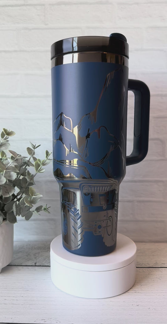 40 Oz Tumbler - Where the road ends Navy Blue engraves Black RTS