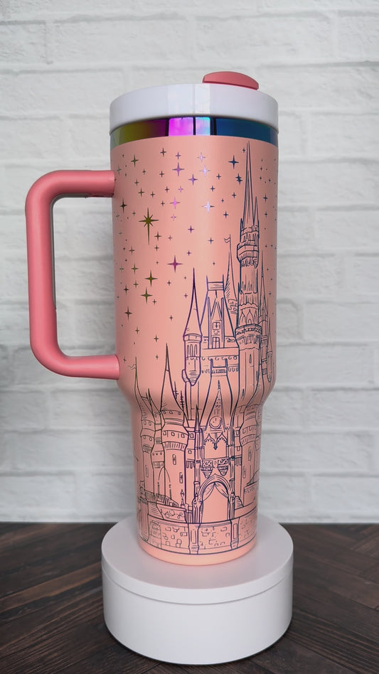40 Oz Tumbler - Magical Castle with Quote Pastel Orange on rainbow RTS